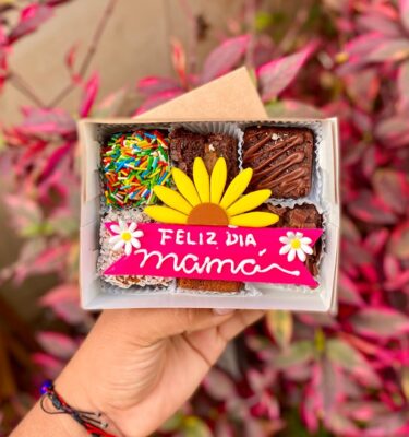 Cajita de 6 mini brownies con topper de fondant decorado con media flor y la frase “Feliz día, mamá”.