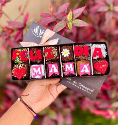 Caja vintage con 12 mini brownies decorados con toppers de fondant que dicen “Feliz Día, Mamá”.