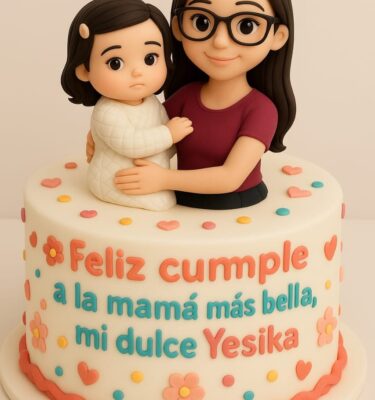 Torta en fondant con figura 3D de una mamá y su bebé, acompañada de decoraciones tiernas también en fondant.
