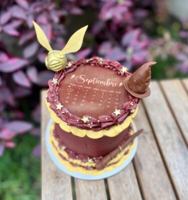 Burncake de harry potter con varita, sombrero seleccionador, snitch dorada, estrellitas, perlas y buttercream.